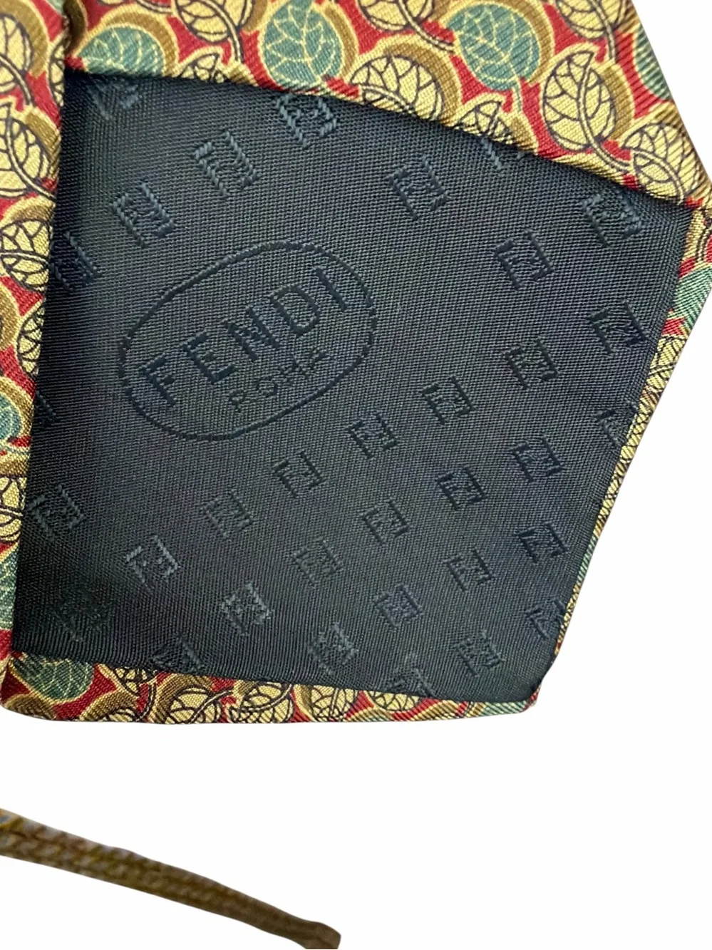Fendi Vintage Silk Tie Olive Red Gold Geometric Pattern Made in Italy